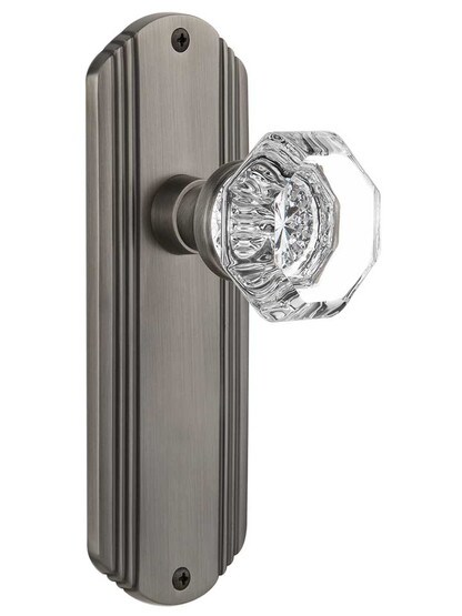 Streamline Deco Door Set with Waldorf Crystal Glass Knobs - No Keyhole in Antique Pewter .